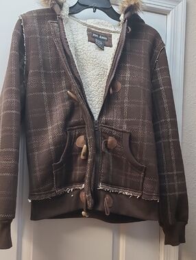 Plaid Knit Jacket With Removable Hood. Zip Front. Size L